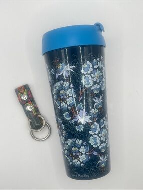 Vera Bradley Floral Travel Tumbler in Navy with Blue Lid and Key Chain